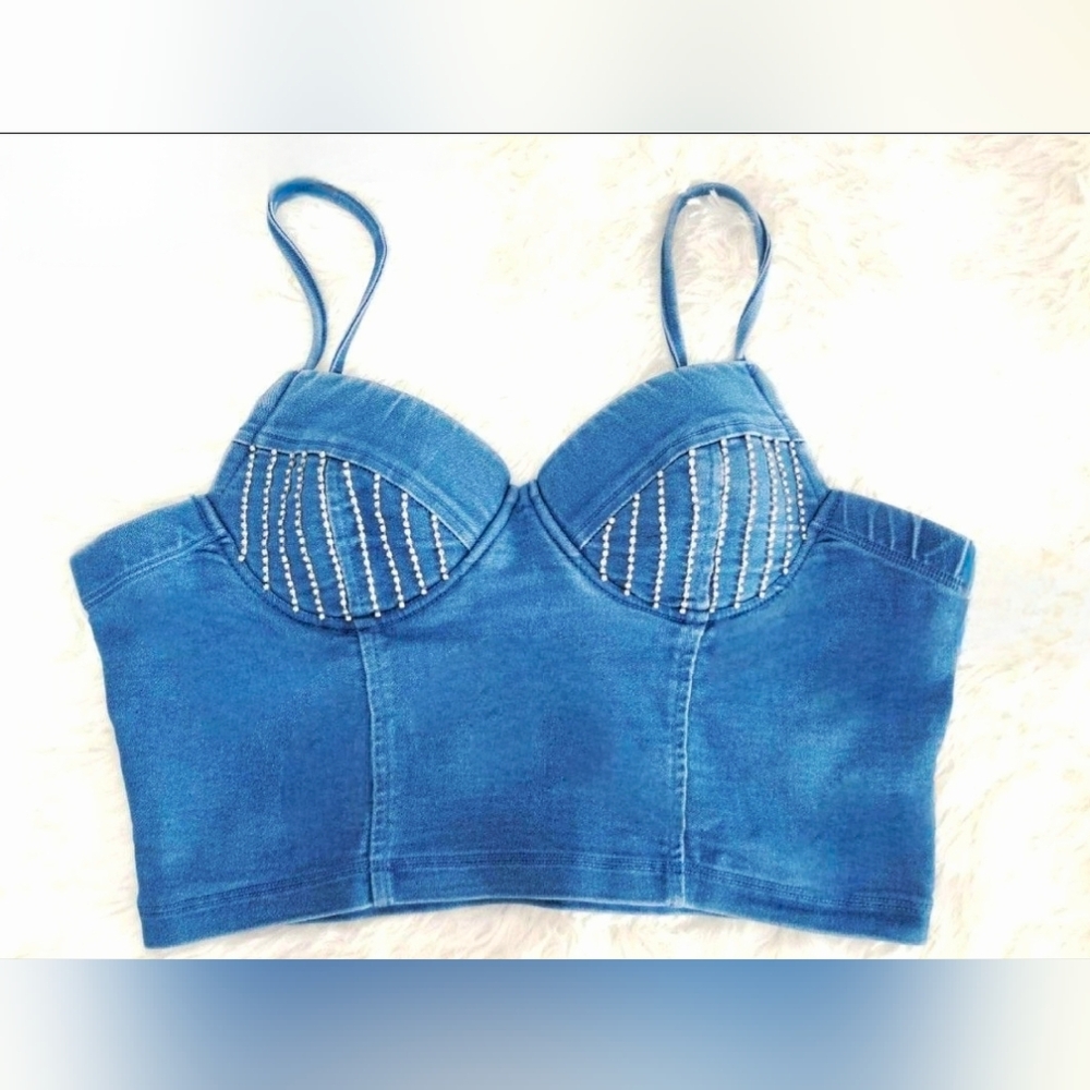 Haute Monde Denim Rhinestone Crop Top - Picture 7 of 15